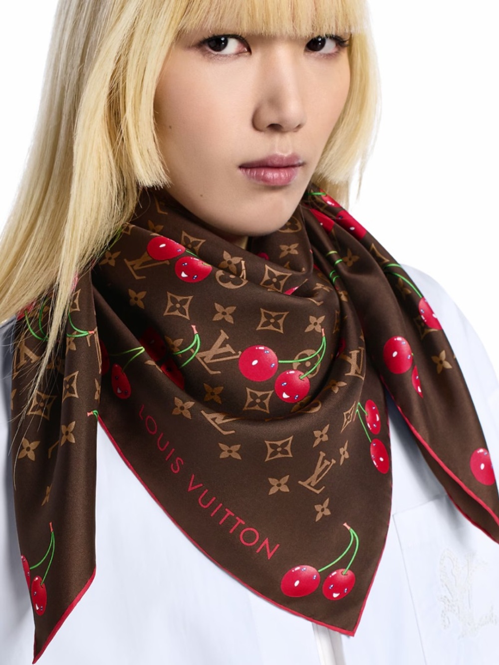 Louis Vuitton Brown Monogram Cherry Silk Scarf - Red Accents